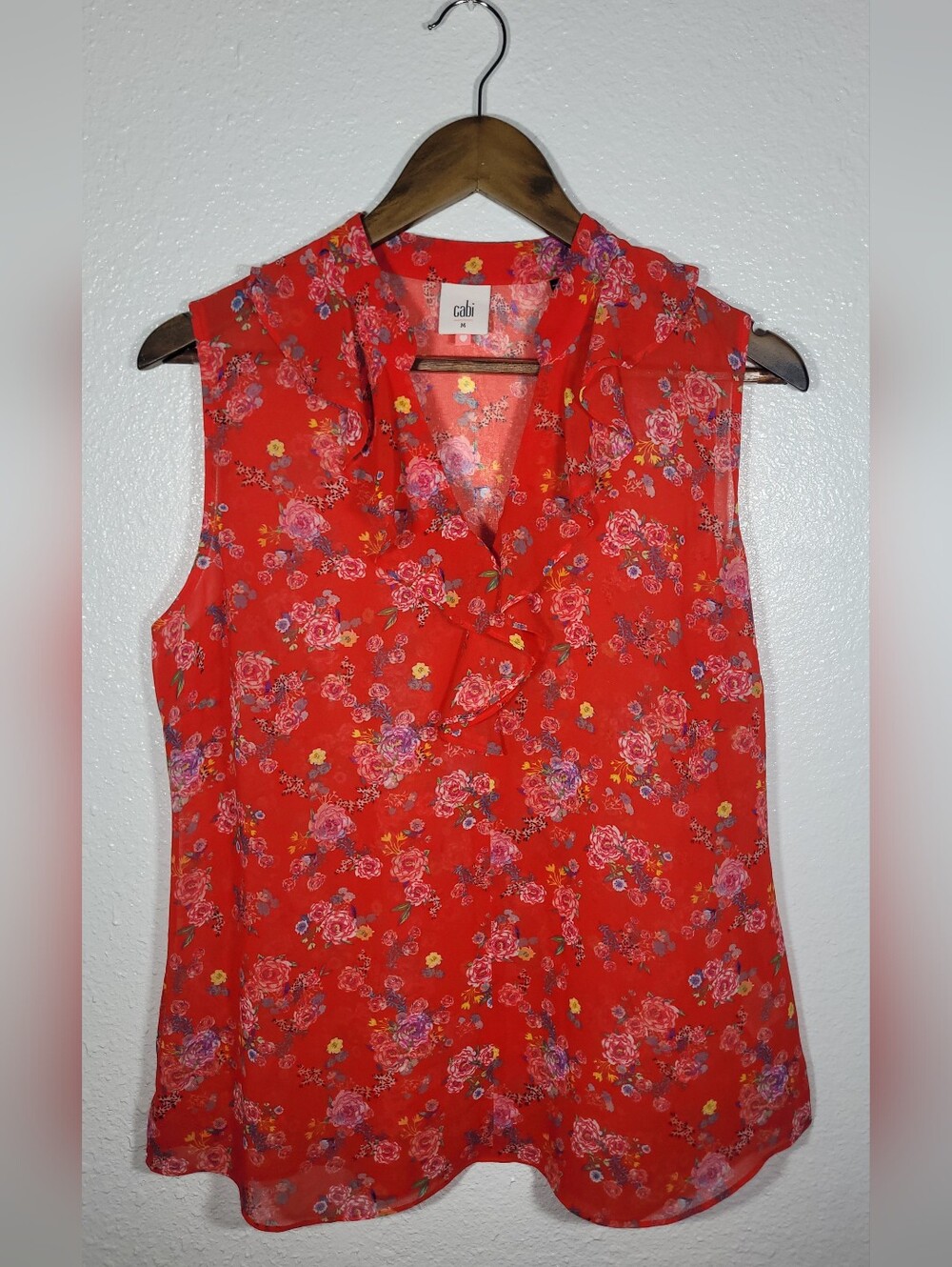 Cabi Crush Ruffle Blouse Red Floral Sleeveless V-Neck Top 5219 Medium Semi Sheer - Picture 3 of 7